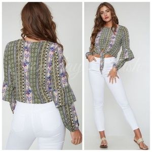 Boho Top Multi Print Tie Front Ruffle Sleeve Large